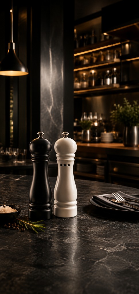 Salt and pepper grinders on a marble counter in a fine dining kitchen
